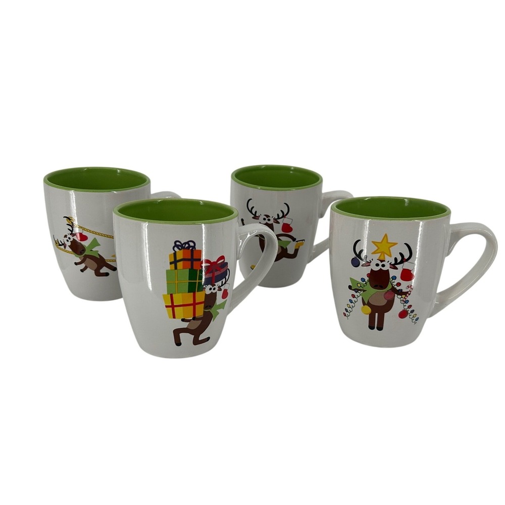 Christmas Reindeer Set of 4 Coffee Mugs White Green Holiday Ceramic Cups 12oz